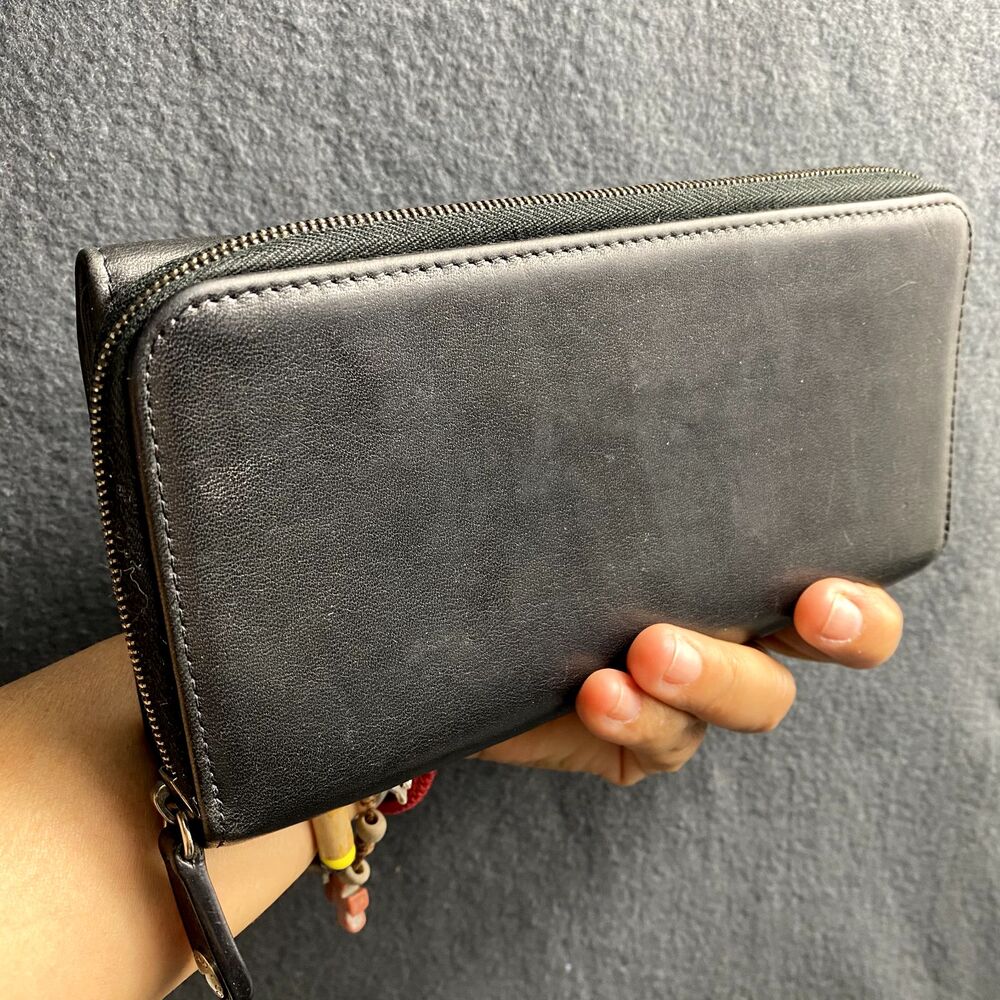 Vintage Coach Legacy Black Leather Trifold Checkbook Wallet Silver Zip Organizer - Picture 11 of 12